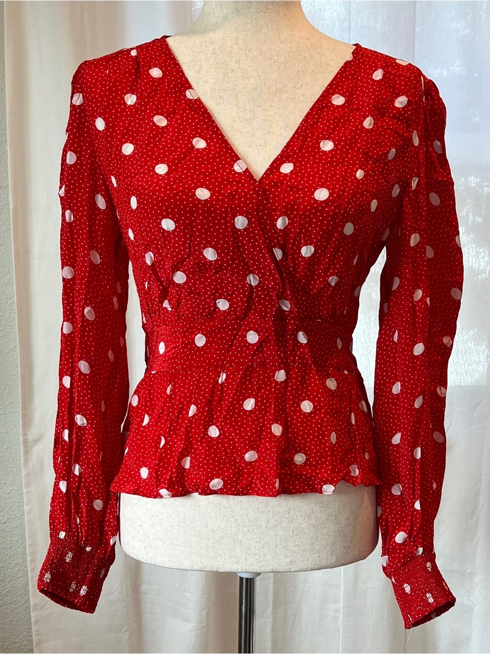 The Kooples Red and White Polka Dot Long Sleeve Blouse. Size 8 (French 3). NWT